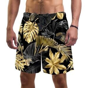 Tropical Palm Leaves Pull On Drawstring Swim Trunks Short Black/Gold Men's 3XL
